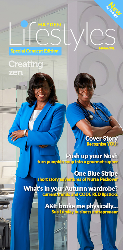 Two pictures of the same woman standing back to back one in blue scrubs one in a blue business suit