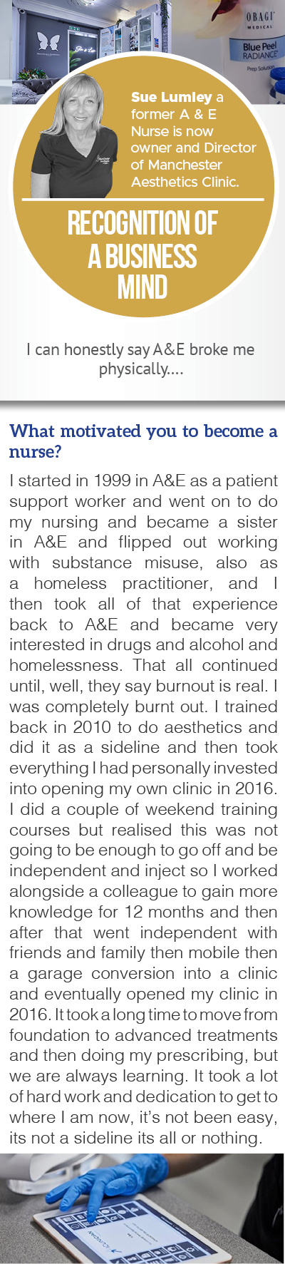 An interview with a Medical Director at an aesthetics clinic, discussing motivations to become a nurse. The person shares experiences from A&E work, the challenges faced, and the journey to pursue further education and career growth