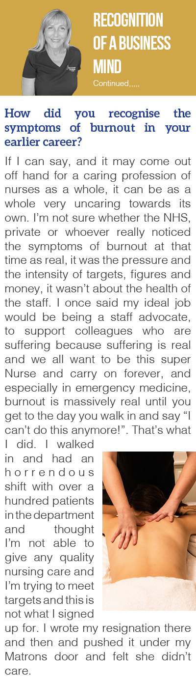 Magazine article titled Recognition of a Business Mind with text about recognizing burnout symptoms. Includes an image of a person lying on a massage table