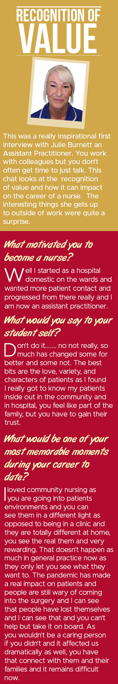 Recognition of value article on a red and gold background with a head and shoulders picture of a nurse