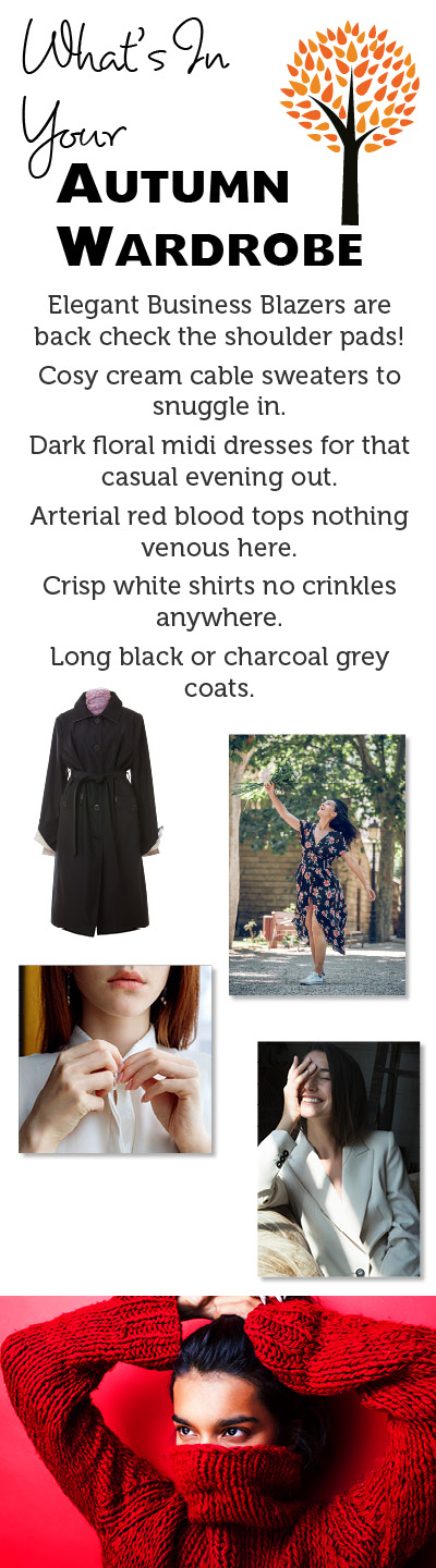Various items of clothing and an illustration of a tree with autumn leaves