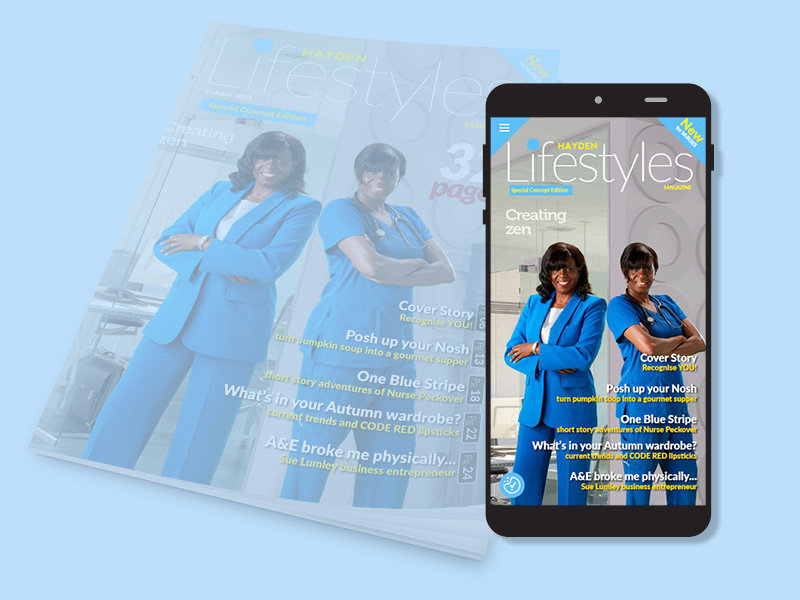 A magazine cover titled Lifestyles featuring a person in a blue suit with arms crossed. The print edition is shown alongside a smartphone displaying the same cover digitally. Text highlights articles on zen, fashion, and fitness