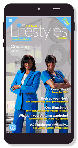 Cover of Hayden Lifestyles Magazine showing a woman in a blue blazer and dress, standing and smiling. Text highlights articles on creating zen, business attire, autumn wardrobe, and health. New label in yellow at the top right corner