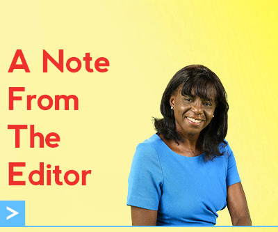 A smiling woman in a blue dress sits against a yellow background with red text that reads A Note From The Editor