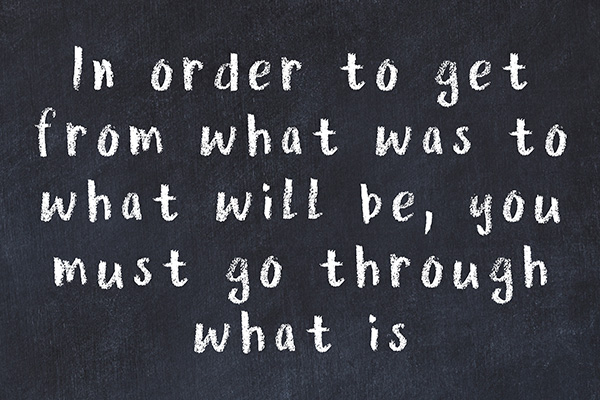 White handwritten text on a black chalkboard background reads: In order to get from what was to what will be, you must go through what is