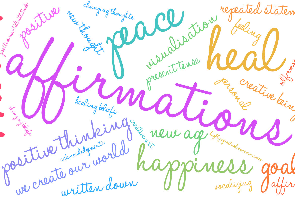 A colorful word cloud featuring words related to affirmations, including affirmations, peace, heal, positive thinking, happiness, goal, visualisation, and written down, in various fonts and colors