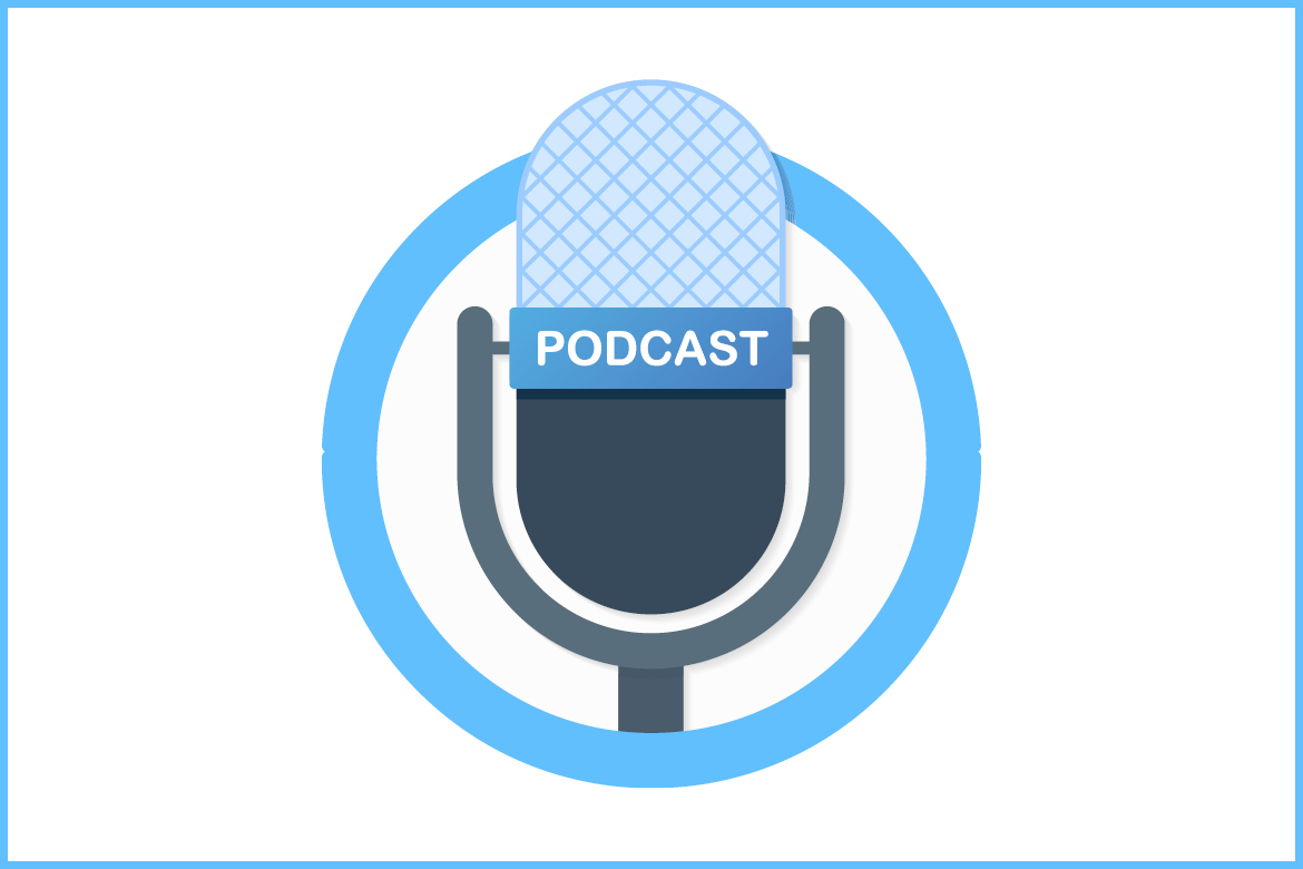 Illustration of a large retro-style microphone with a blue label reading PODCAST, set inside a blue circular border on a white background