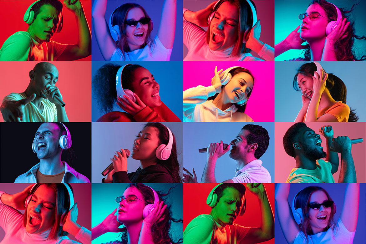 A collage of sixteen diverse people wearing headphones or using microphones, enjoying music and singing passionately against vibrant, colourful backgrounds