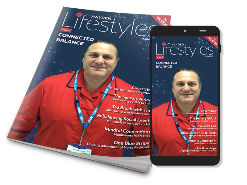 Hayden Lifestyles Magazine Issue 3 cover shown in both print and digital mobile formats. The cover displays a male nurse in a red uniform and NHS lanyard, titled "Connected Balance," with various article headlines set against a blue and purple abstract network background.