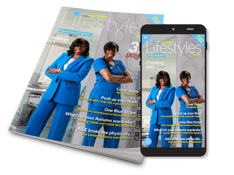 A magazine cover titled Lifestyles featuring a person in a blue suit with arms crossed. The print edition is shown alongside a smartphone displaying the same cover digitally. Text highlights articles on zen, fashion, and fitness