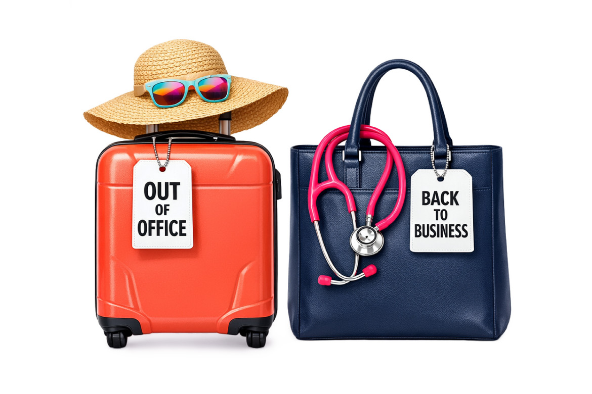 An orange suitcase with a straw hat and "OUT OF OFFICE" tag stands next to a navy blue handbag with a pink stethoscope and "BACK TO BUSINESS" tag. The items are arranged centrally on a plain white surface.