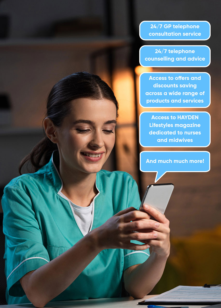 A smiling nurse in teal scrubs looks at her smartphone, with text bubbles listing benefits like 24/7 GP consultation and counselling