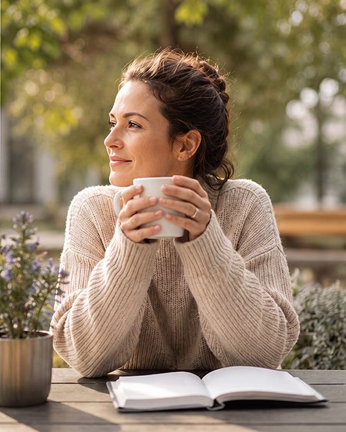 Woman with brown hair in bun wears knitted jumper, cradling cup. Sitting outside at table with reading material and plant