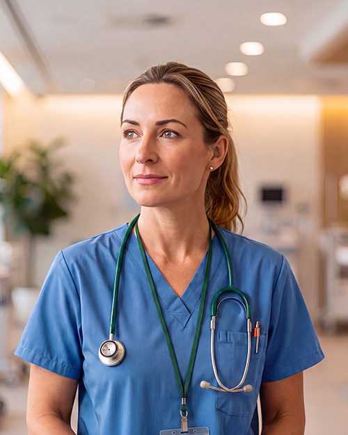 Female nurse in blue scrubs with green stethoscope and ID lanyard, looking up and to the left. Clinic corridor background